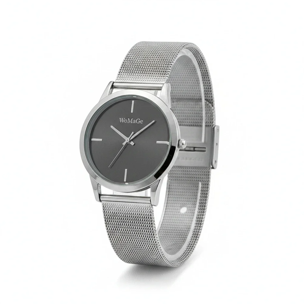 WoMaGe Mens Watch Gray Dial Silver Case Silver Mesh Bracelet Quartz Analog